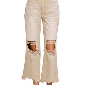 Zenana Beige Cropped Distressed Knee Pants, No Stretch
